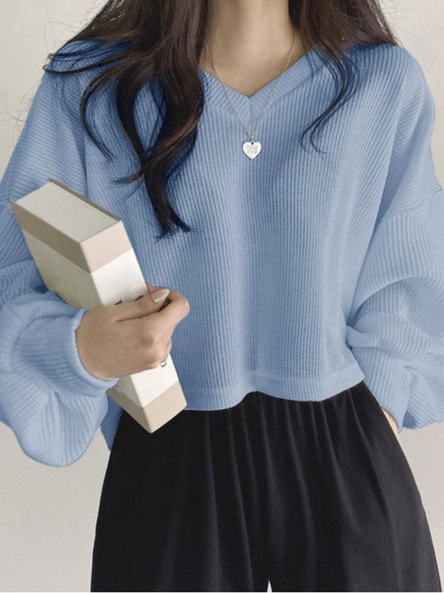 Womens Casual Versatile Solid-color Pullover Knit Sweater Top