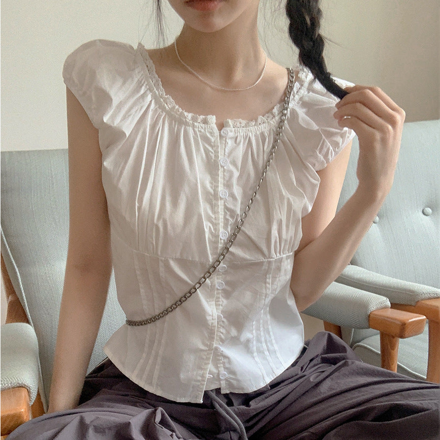 Lace-trimmed Single-breasted Blouse