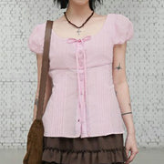 Womens French-style Puff-sleeve Figure-hugging Waist-cinching Blouse With A Tie