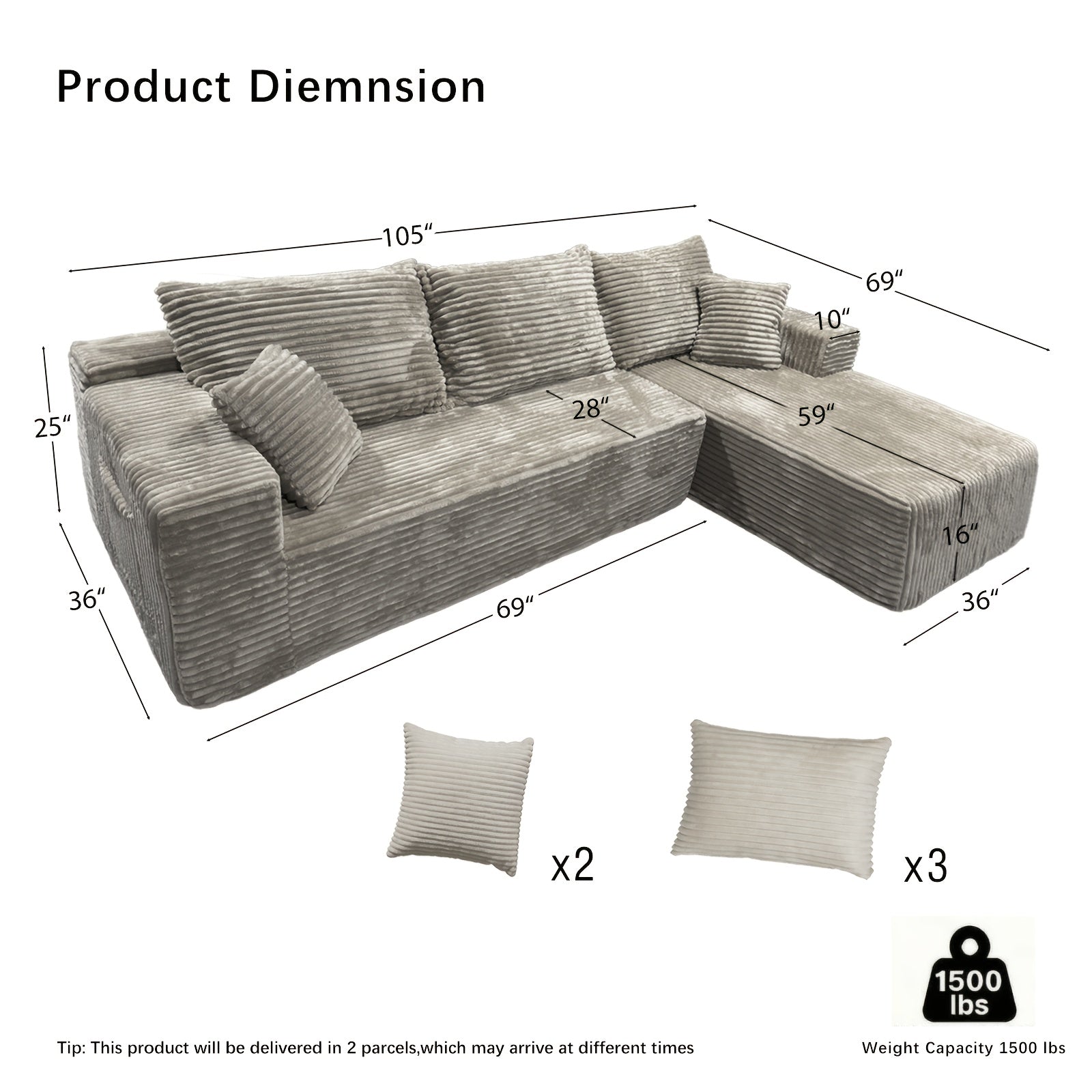 Modular L-shaped chaise longue sofa bed with deep seat and corduroy upholstery
