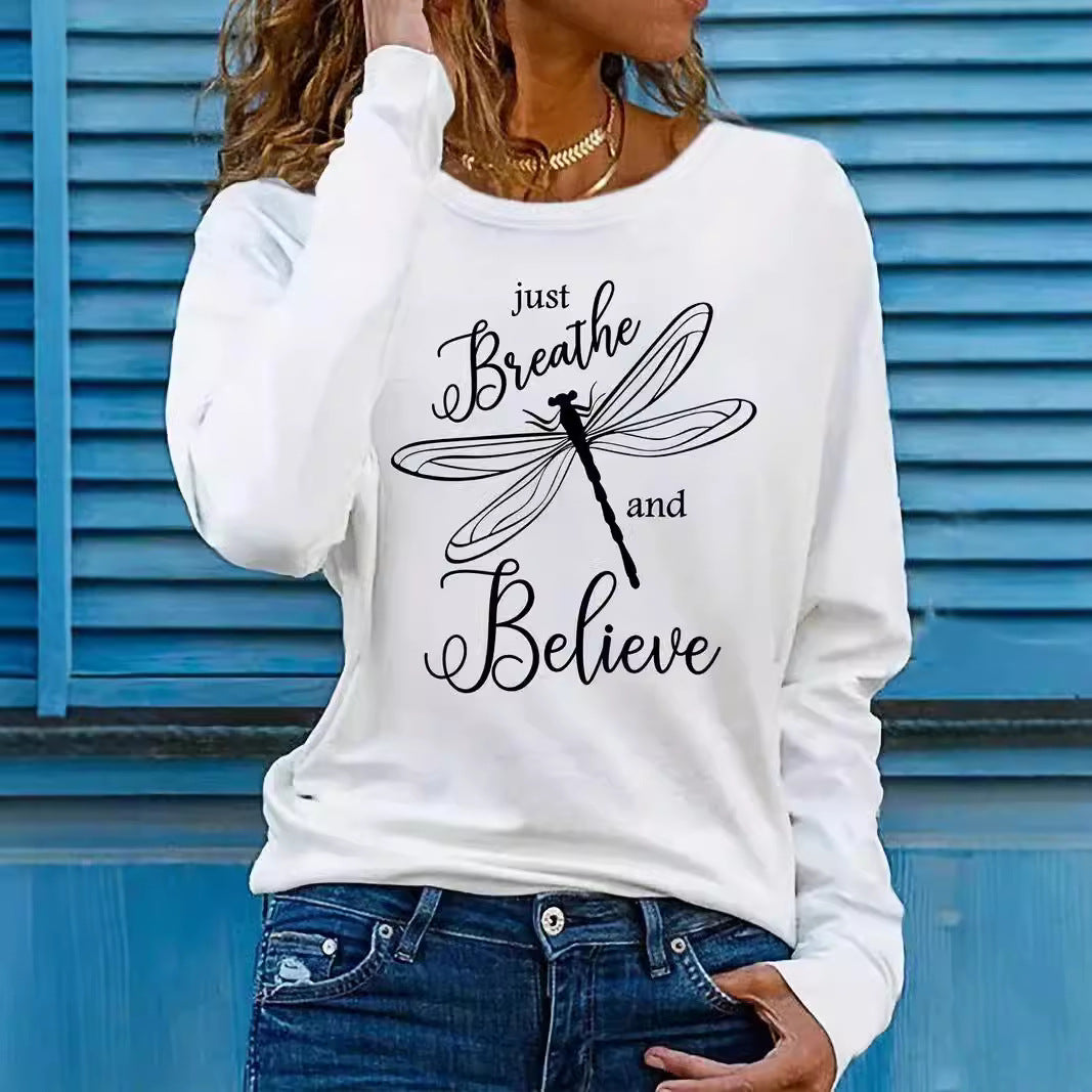 Women's Dragonfly Print Casual Long Sleeve Pullover Sweatshirt