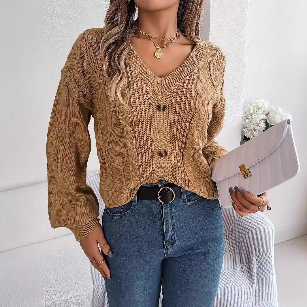 Solid-color V-neck Buttoned Cable-knit Puff-sleeve Pullover Sweater