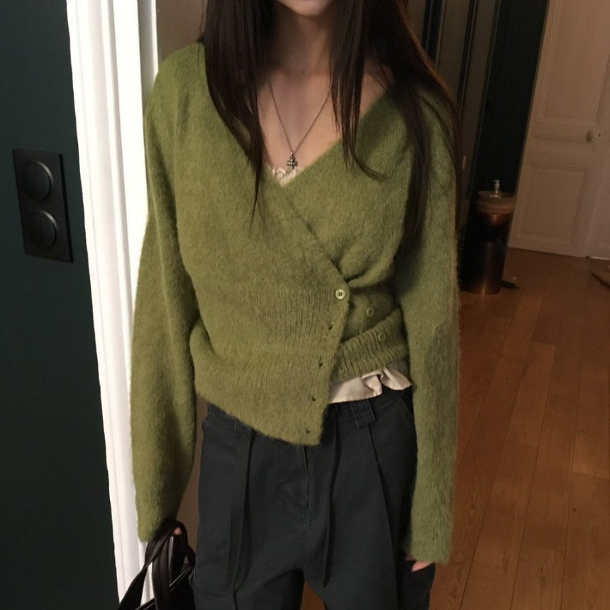 Slimming Long-sleeved Knitted Sweater with Diagonal Button-down Design Women's Top