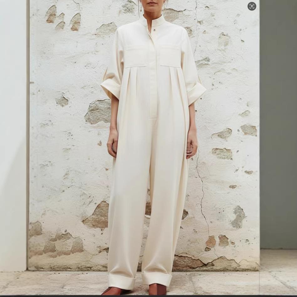 Solid-color Minimalist Pleated Loose-fitting Jumpsuit