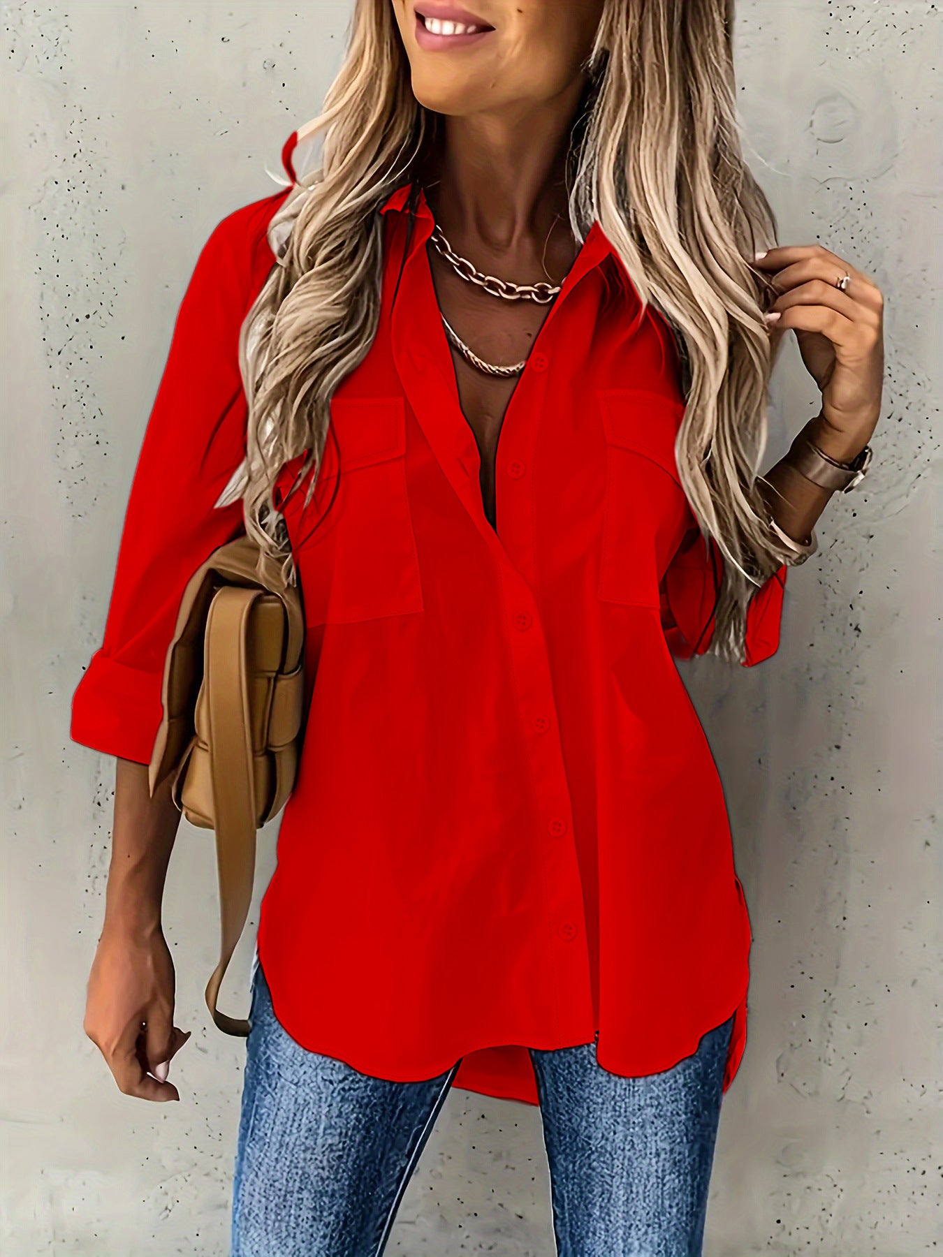 Loose Long Sleeve Lapel Shirt With Pockets Top
