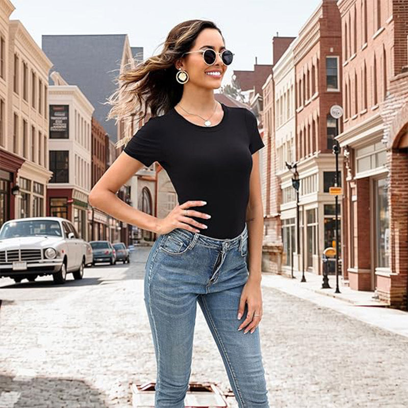 Women's Casual Stretch Crew Neck Basic One-Piece Bodysuit