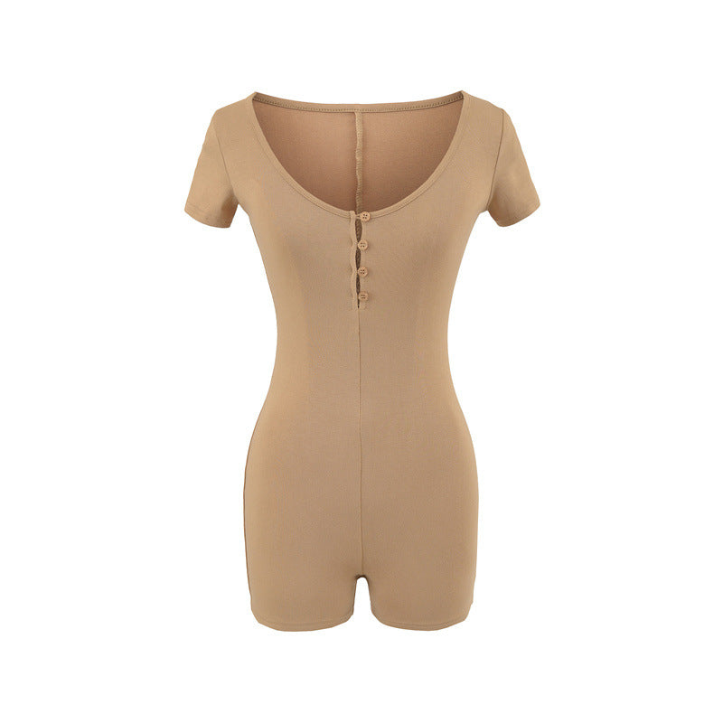 Women's Button-Front Short Sleeve Casual Jumpsuit