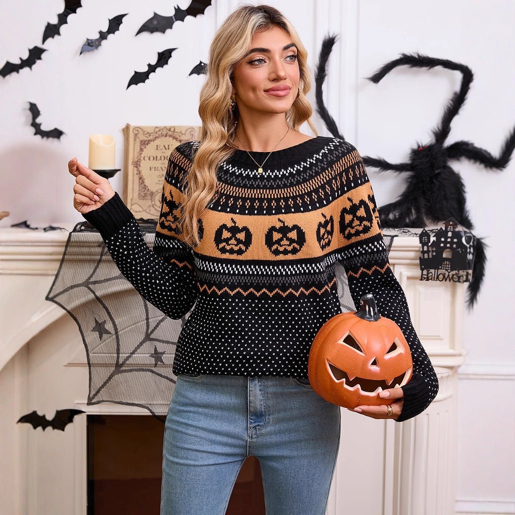Women's Halloween Pumpkin Embroidered Retro Long-sleeved Sweater