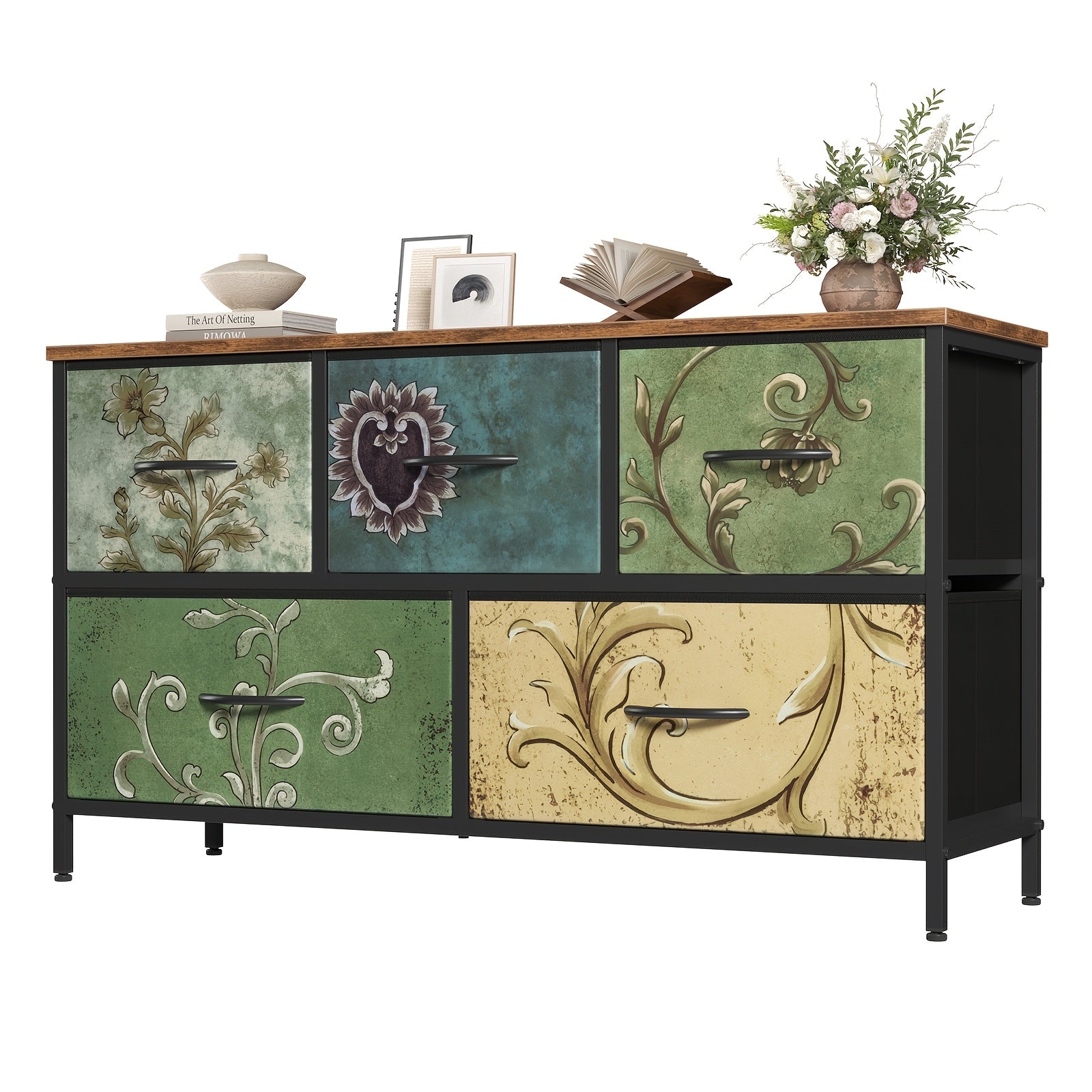 5‑Drawer Wide Freestanding Wood Dresser with Fabric Bins – Low‑Profile, Space‑Saving Chest for Bedroom, Living Room & Hallway (Khaki/Green)