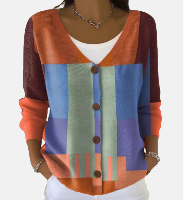Womens Printed Knitted Sweater with Buttons Printed Cardigan
