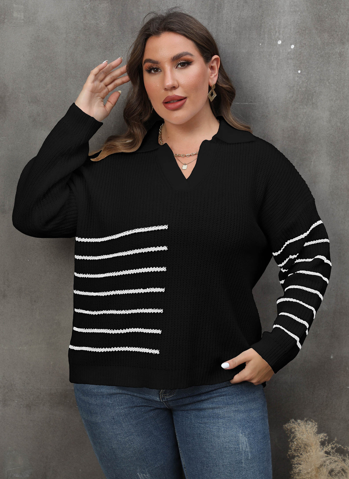 Pullover Plus Size Women's Color Contrast Patchwork Striped Polo Collar Sweater