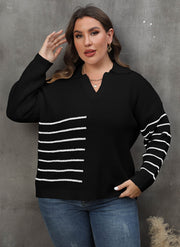 Pullover Plus Size Women's Color Contrast Patchwork Striped Polo Collar Sweater