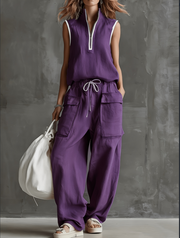 Chic Linen-Blend Half-Zip Two-Piece Workwear Set