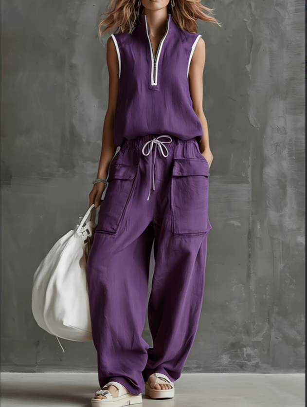 Chic Linen-Blend Half-Zip Two-Piece Workwear Set