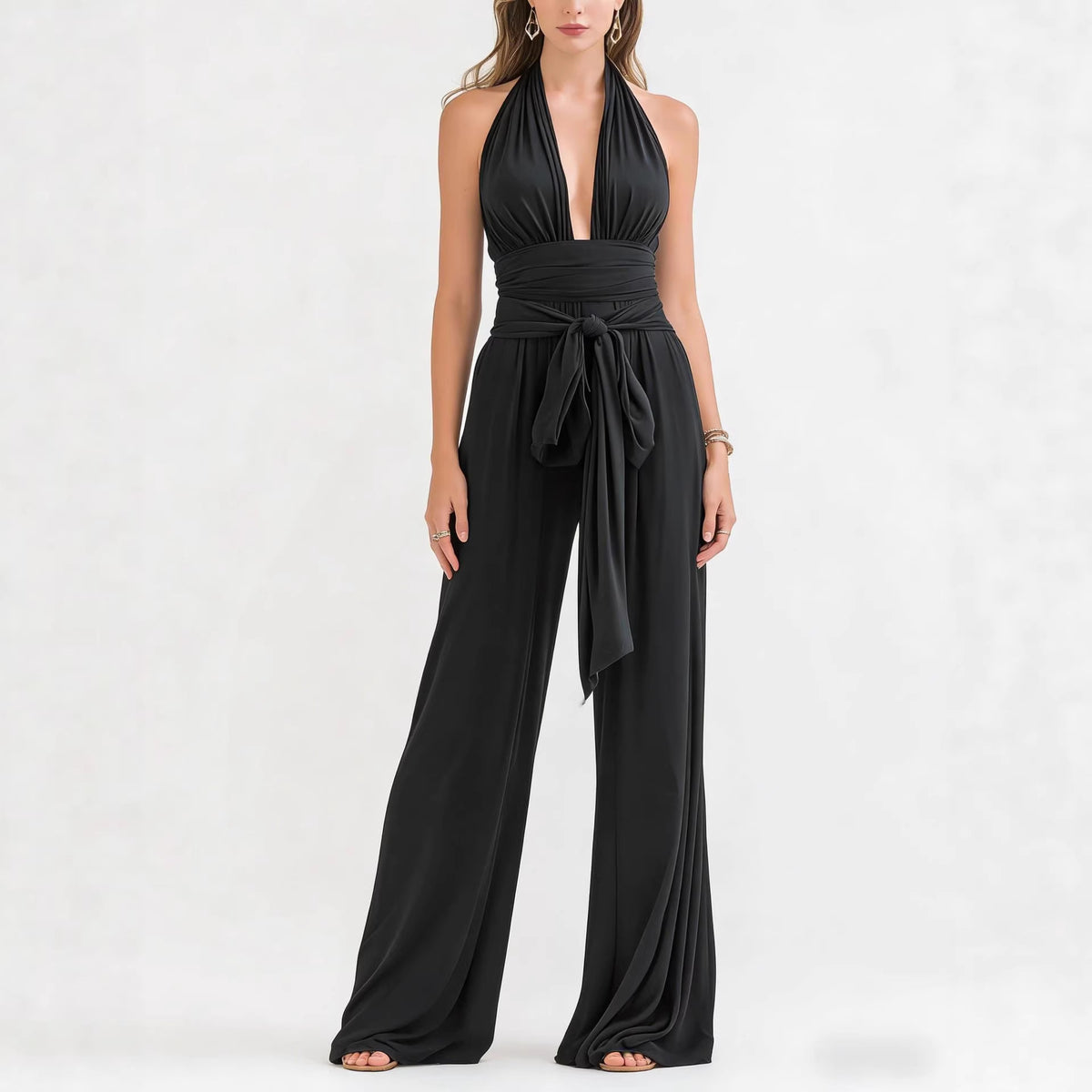 Halter-Neck V-Neck Solid Jumpsuit