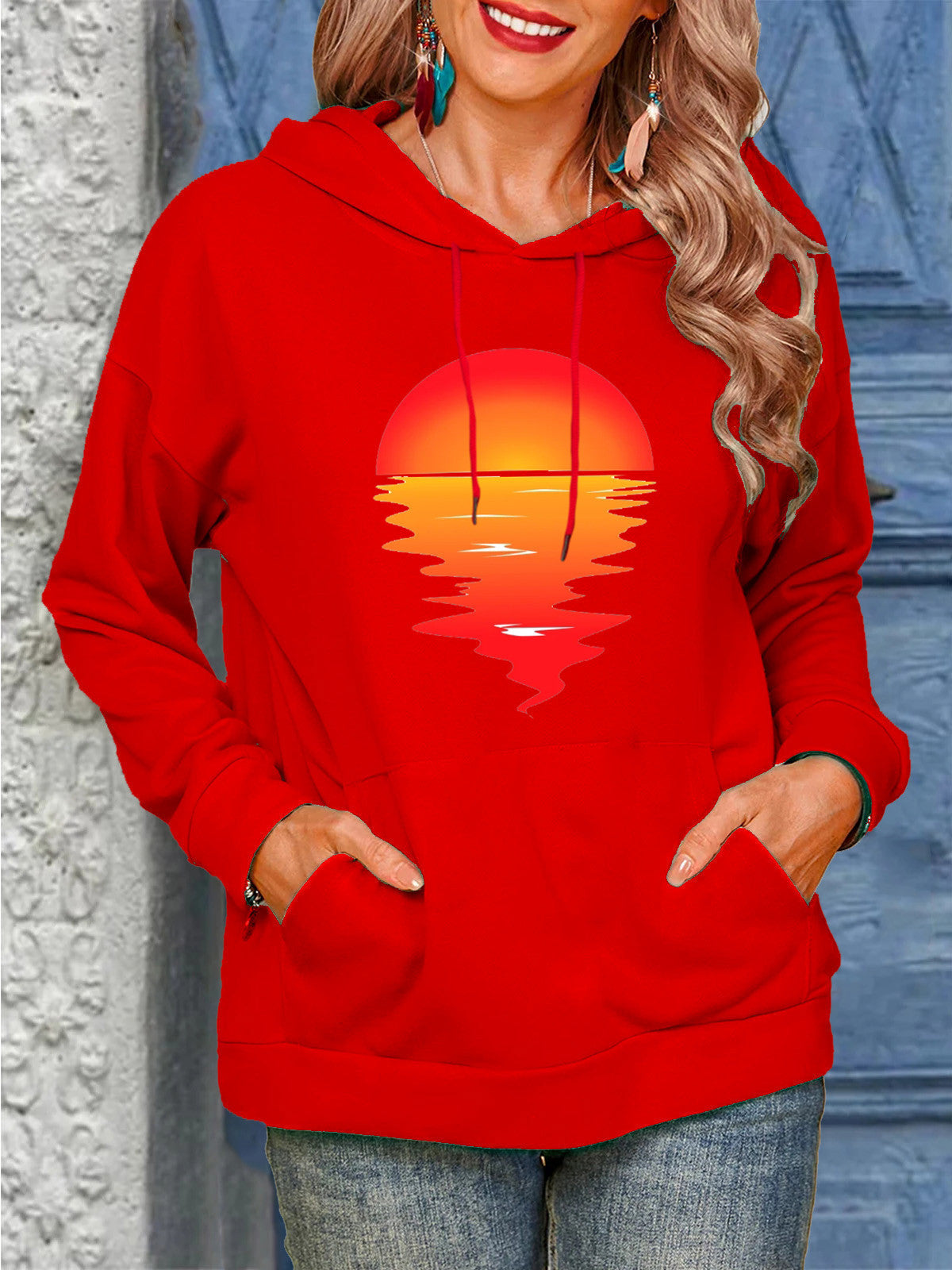 Women's Sun Print Drawstring Casual Hoodie