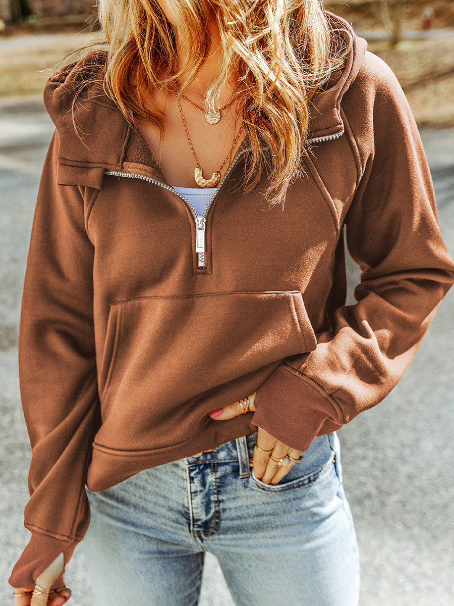 Women's Casual Solid Zipper Hooded Long Sleeve Top