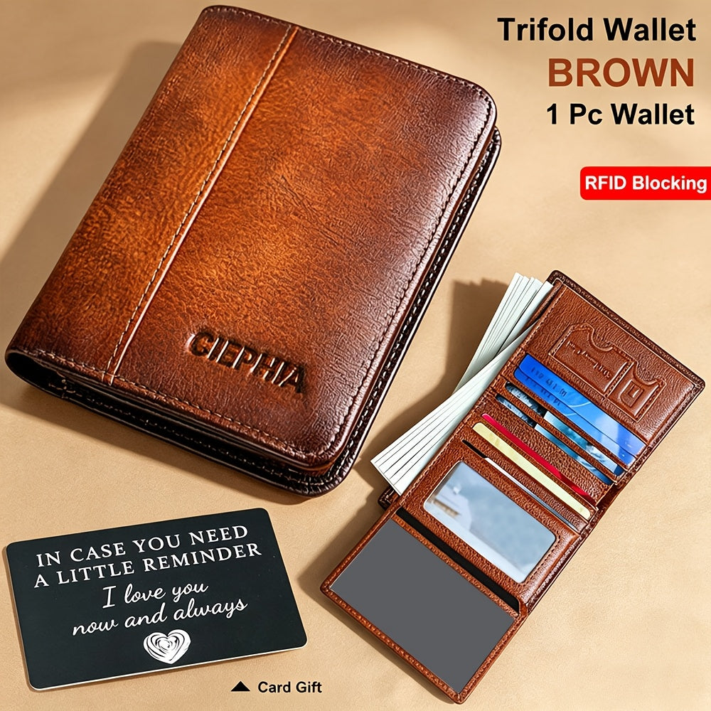 RFID Blocking Trifold Leather Wallet – Cowhide, Vintage Short Design with Money Clip and 2 ID Windows