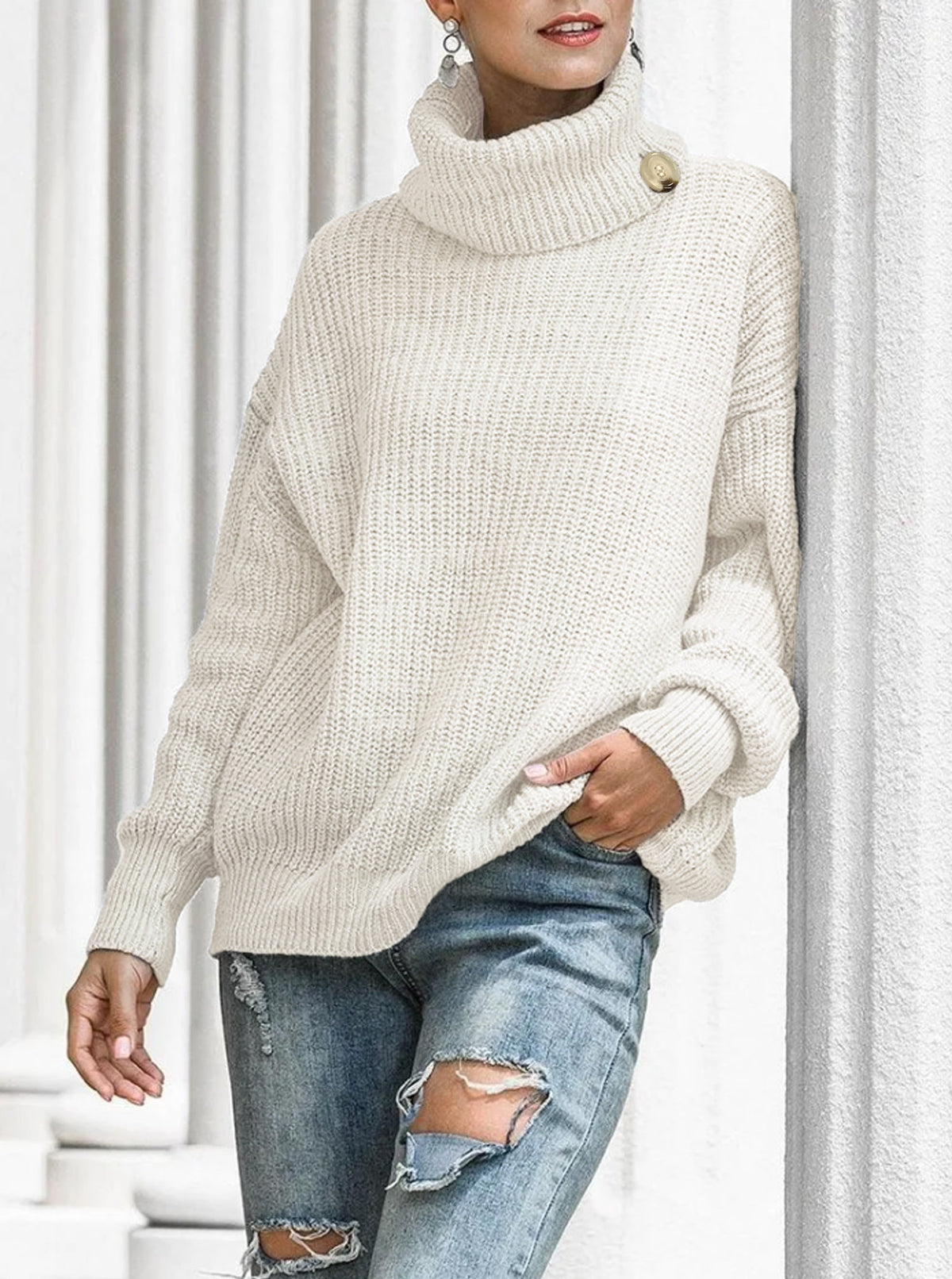 Autumn and Winter New Button Knitted Pullover Turtleneck Sweater