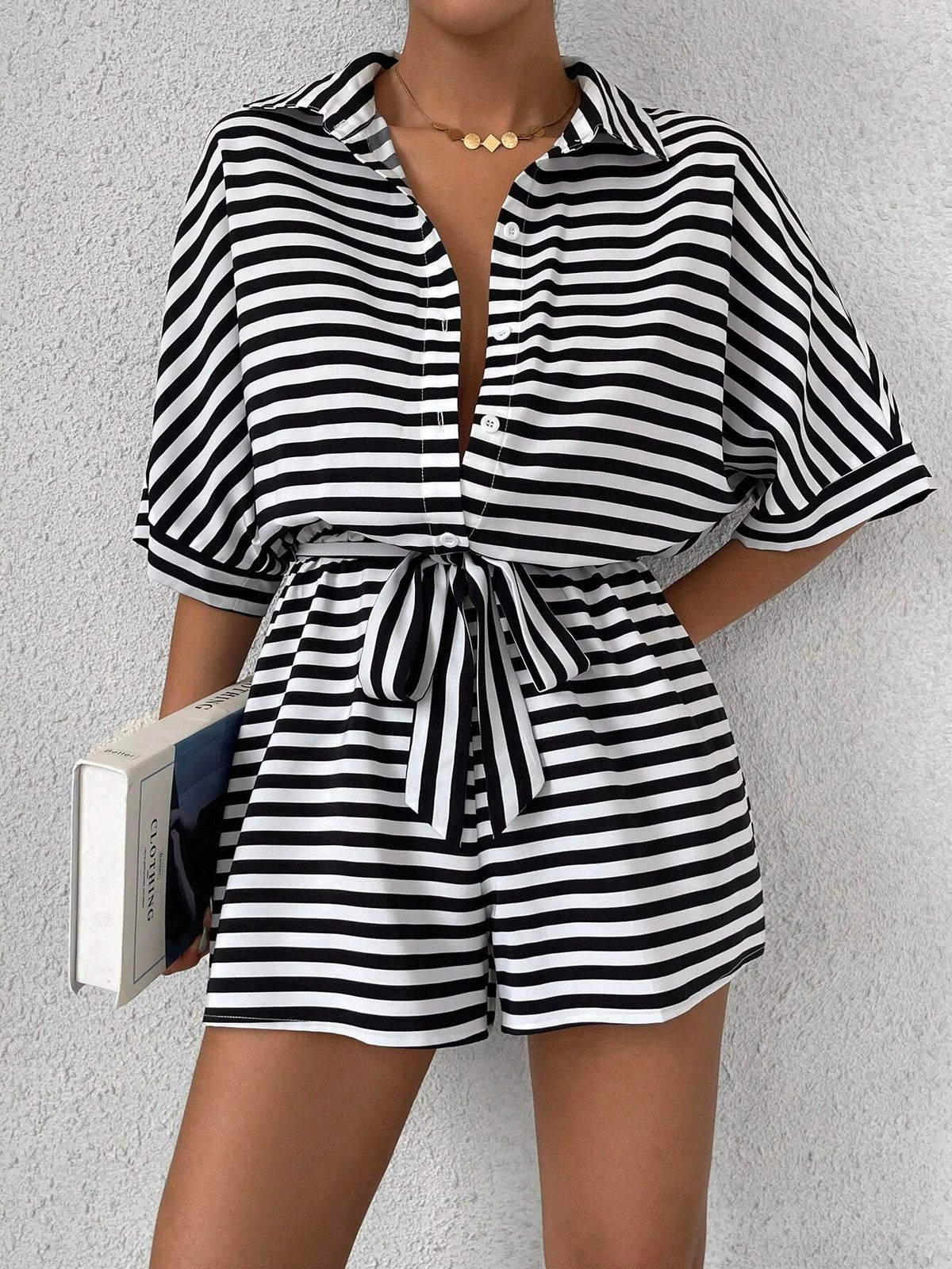 Summer Striped Lapel Belted Jumpsuit