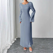 Fashionable Solid-color Flared-sleeve Crew-neck Dress for Women