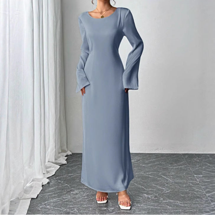 Fashionable Solid-color Flared-sleeve Crew-neck Dress for Women