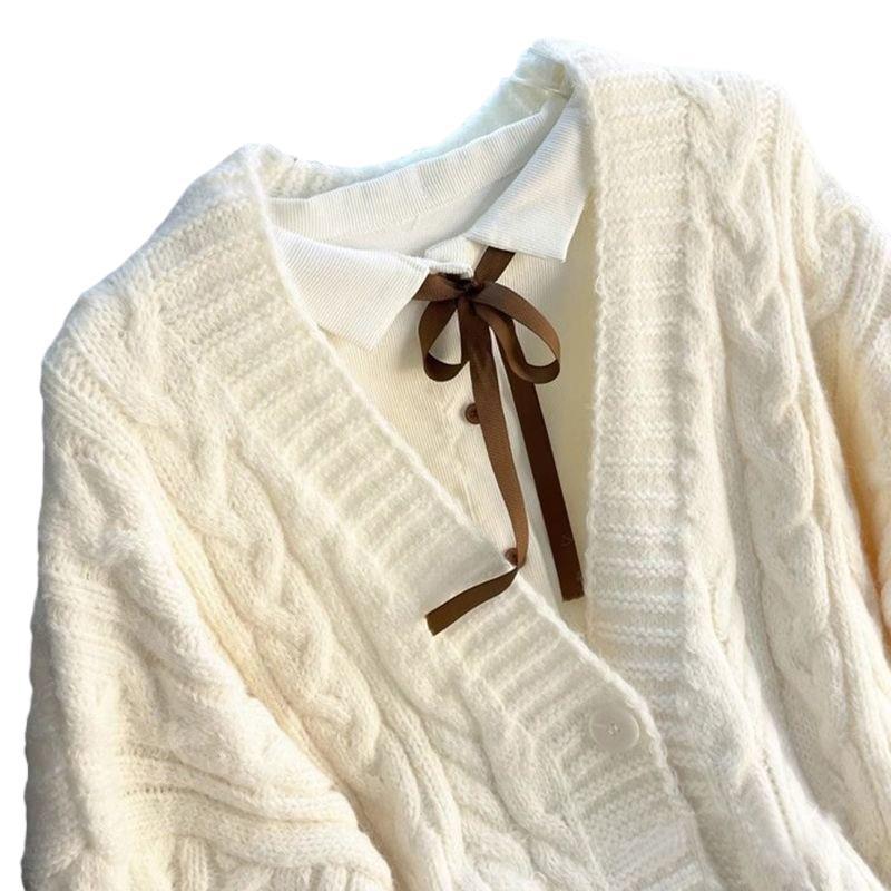 Womens Solid-color Loose Soft Textured Cable-knit Sweater Jacket
