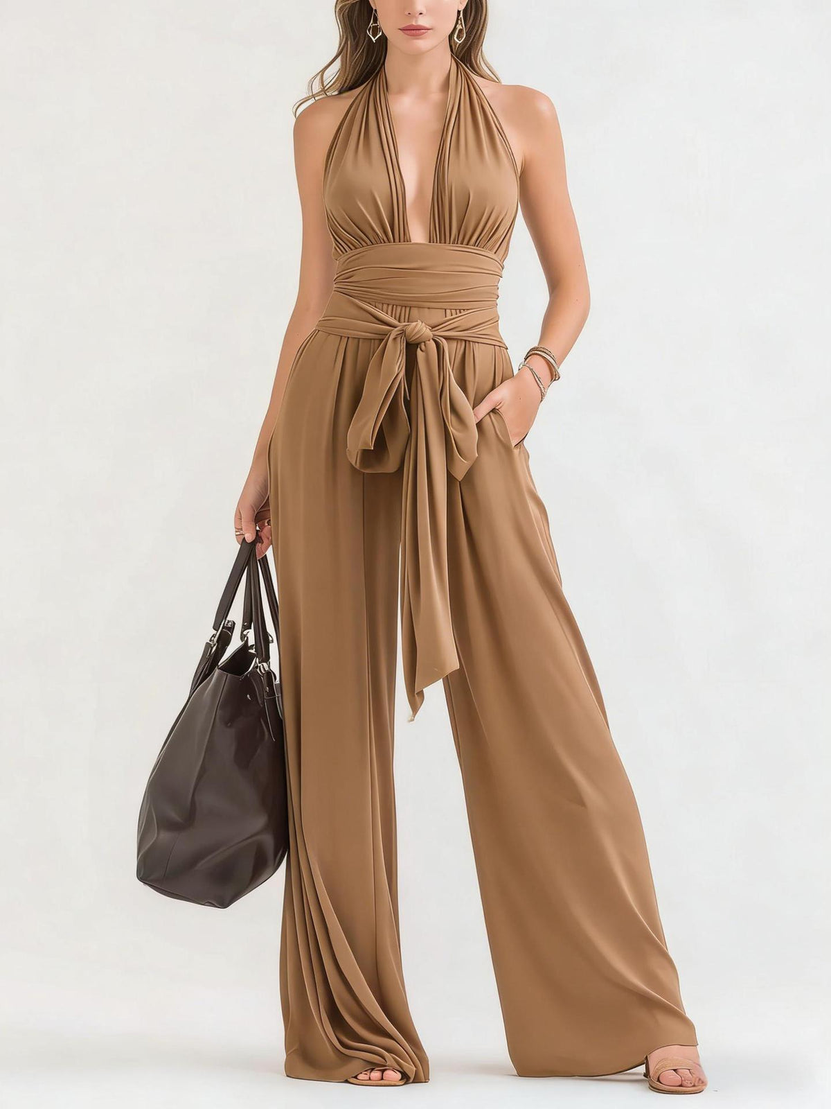 Halter-Neck V-Neck Solid Jumpsuit