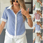 Womens Loose Fashionable Contrast-color Single-breasted Short-sleeve Top