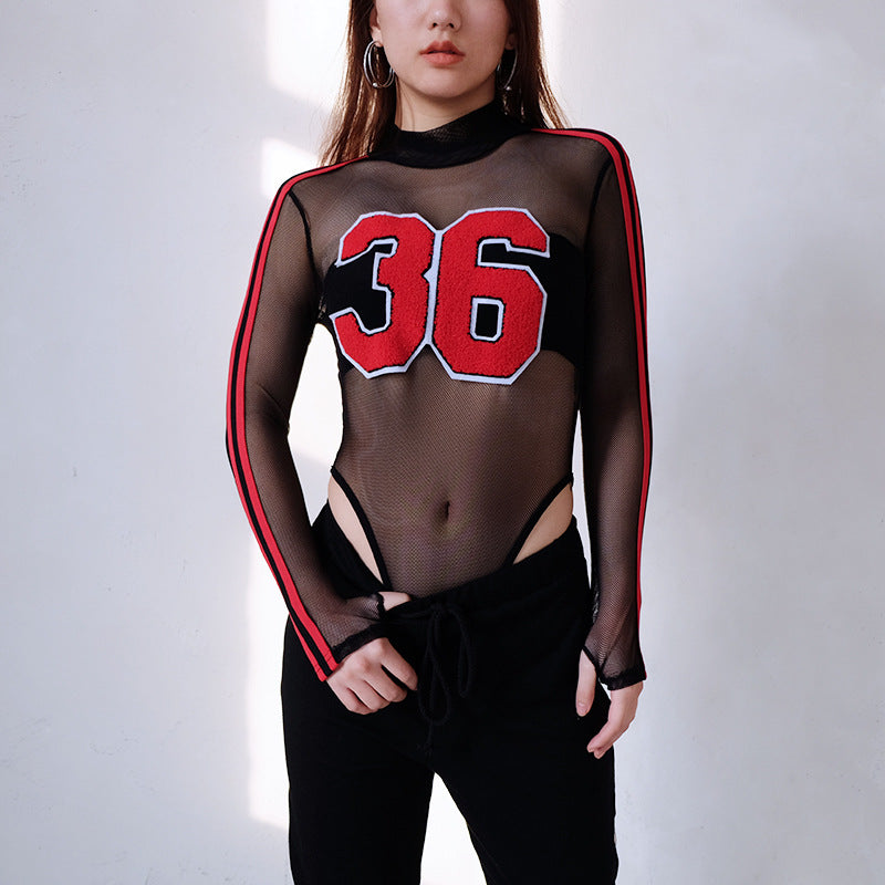 Sexy Striped Mesh Long-Sleeve Bodysuit