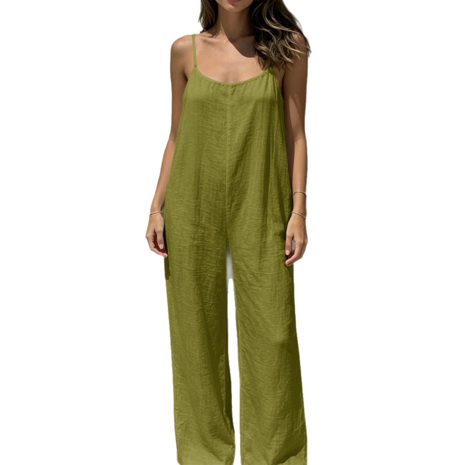 Womens Backless Drawstring Loose Strap Wide-leg Jumpsuit
