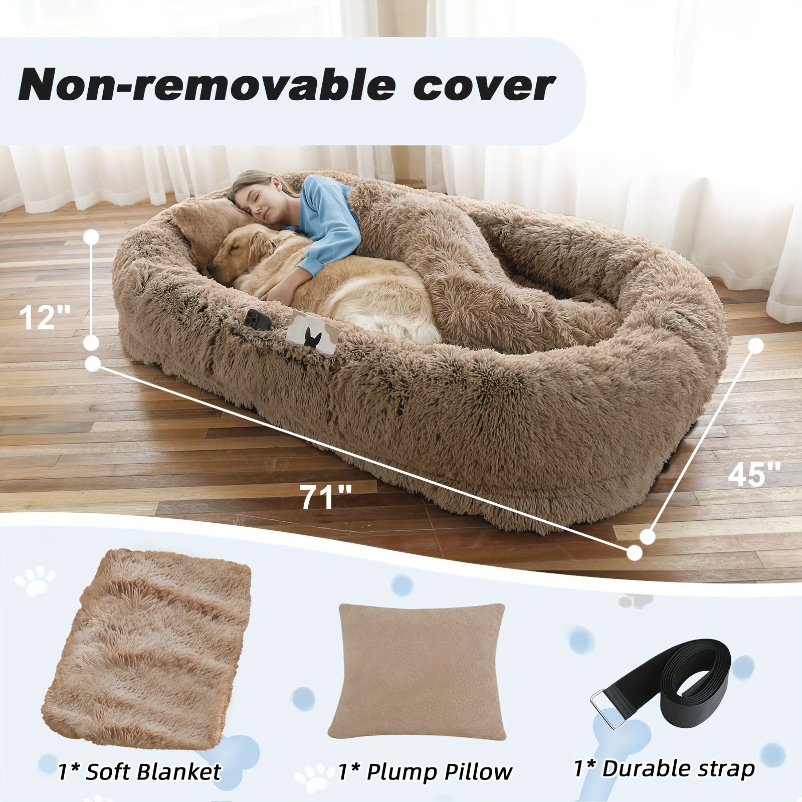 XXL Orthopedic Human-Dog Bed with Plush Pillow & Blanket - 71"x45"x12" Washable Faux Fur Bed for people & Pets, Non-Slip Base, Removable Cover - Grey Sofa Napping Couch for Large