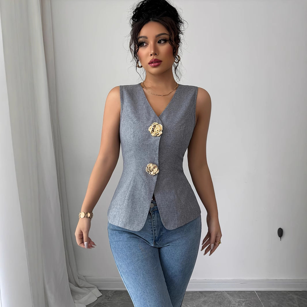 Slim Sleeveless Rose Button Vest – Elegant, Effortless Style