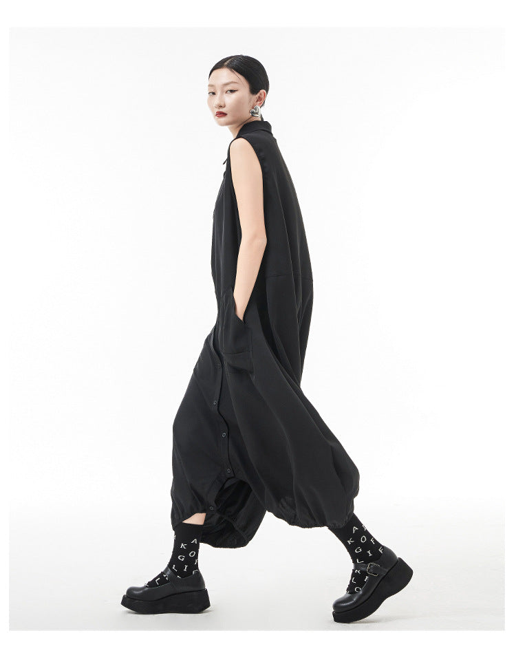 Women's Summer Thin Japanese Lapel Sleeveless Jumpsuit
