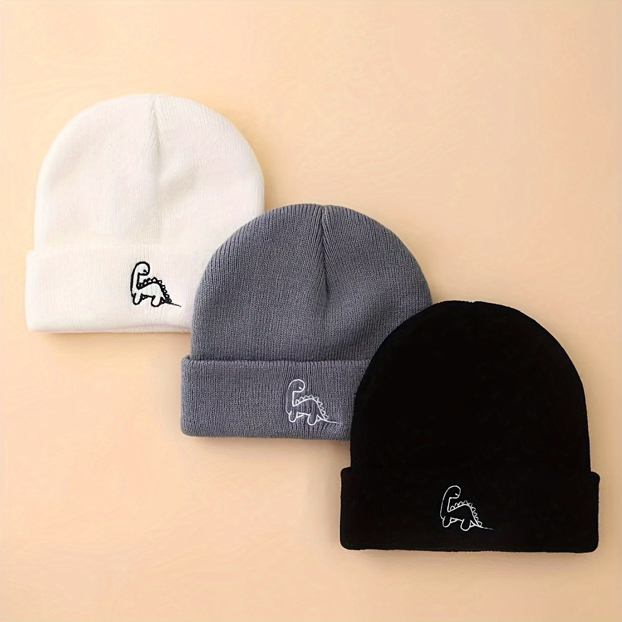 3‑Piece Mini Dinosaur Embroidered Knit Beanie Set – Brimless Warm Hat for 0‑3 Years