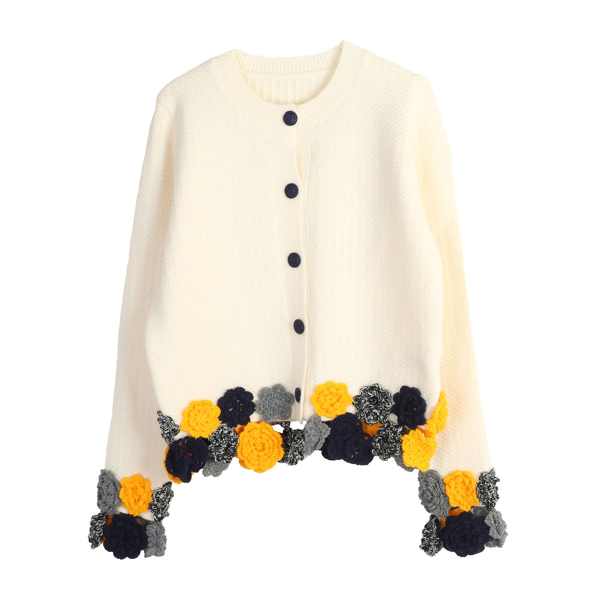 Floral Short Sweater Cardigan with a Round Neckline