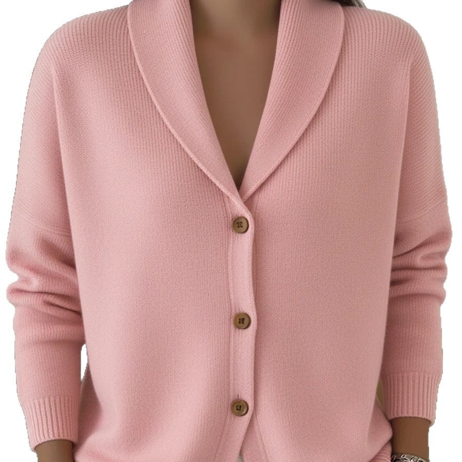 Womens Knitted Cardigan Loose-fit Lazy Style Soft and Cozy Notch Lapel Solid Color Long-sleeve Sweater