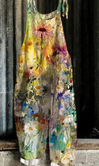 Women's Autumn And Winter Printing Retro Wide Leg Jumpsuit