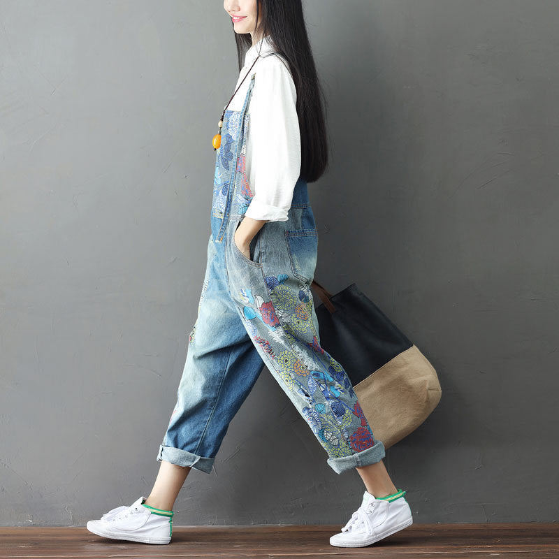 Plus Size Denim Overalls with Unique Print and Bib