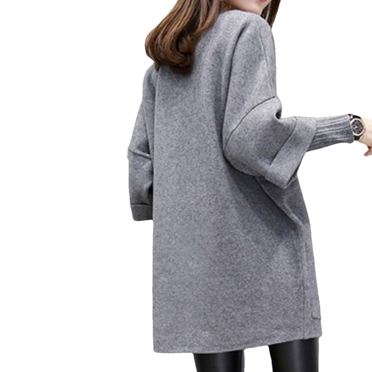 Women's Cozy Gray Round-Collar Long-Sleeve Sweater