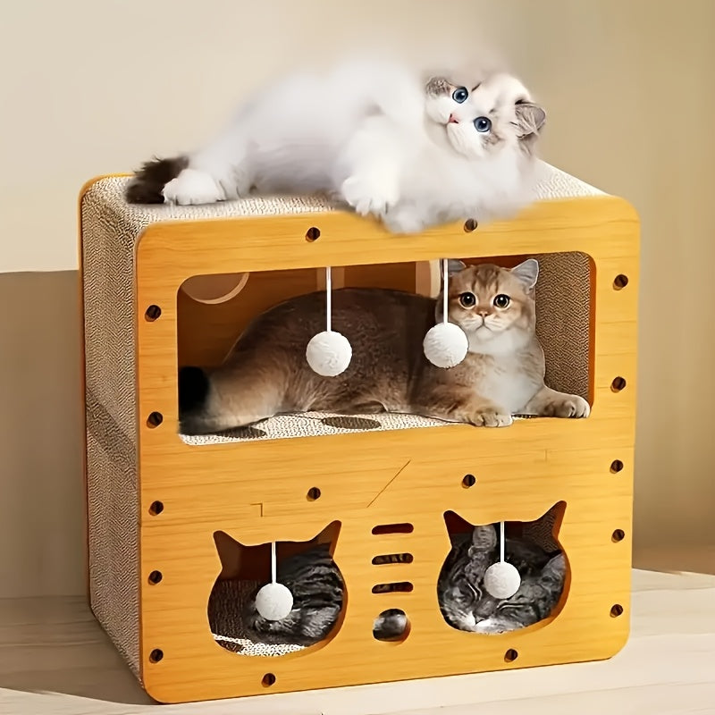 Spacious Cat House for Indoor & Outdoor Use - Multi-Feature Condo with Dual Scratching Boards, Plush Balls, and Ventilation Doors, Ideal for Cats