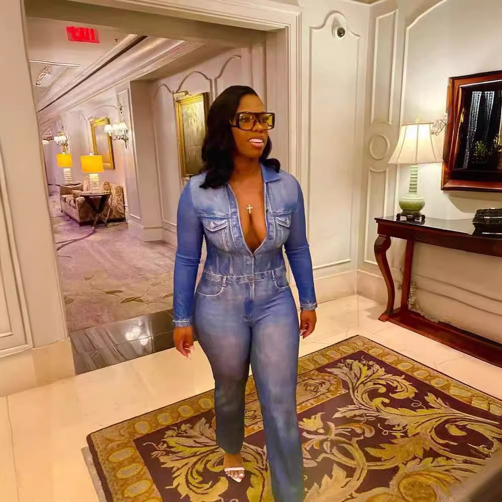Chic Denim-Print Full-Length Jumpsuit with Pockets