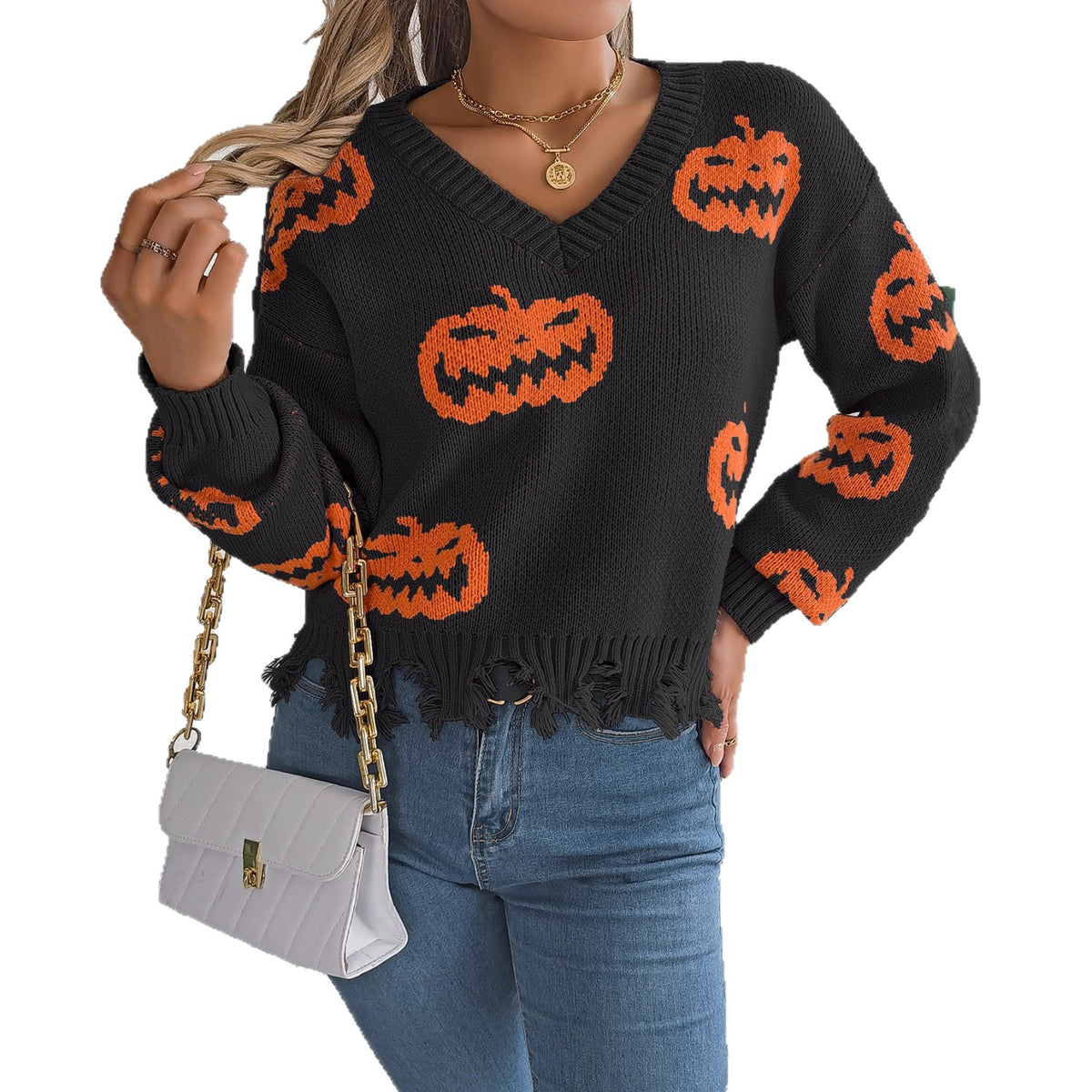 Halloween Contrast Color Pumpkin Cut Long Sleeve Sweater