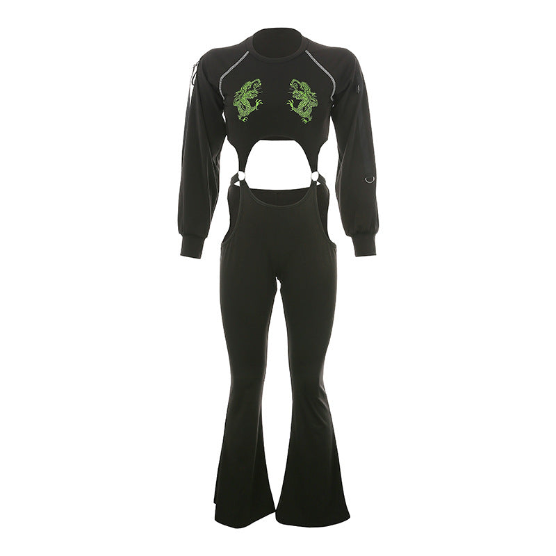 Embroidered Long Sleeve High-Waist Jumpsuit