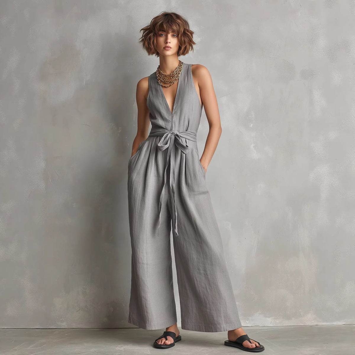 Elegant V-Neck Sleeveless Commuter Jumpsuit