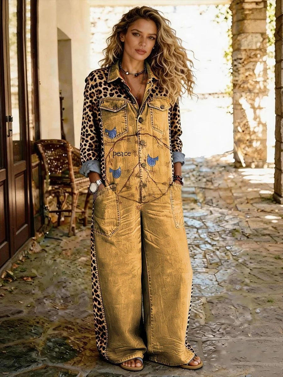 Chic Printed Long-Sleeve Lapel Jumpsuit