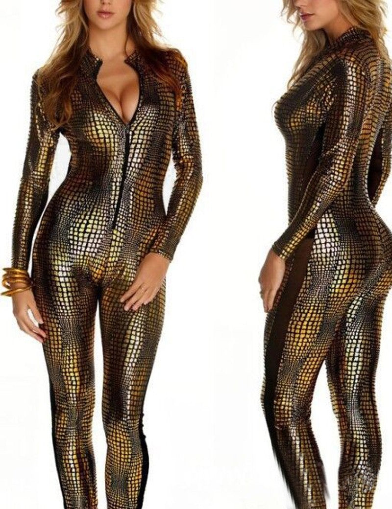 Women's Faux Leather Snake Print Club Jumpsuit