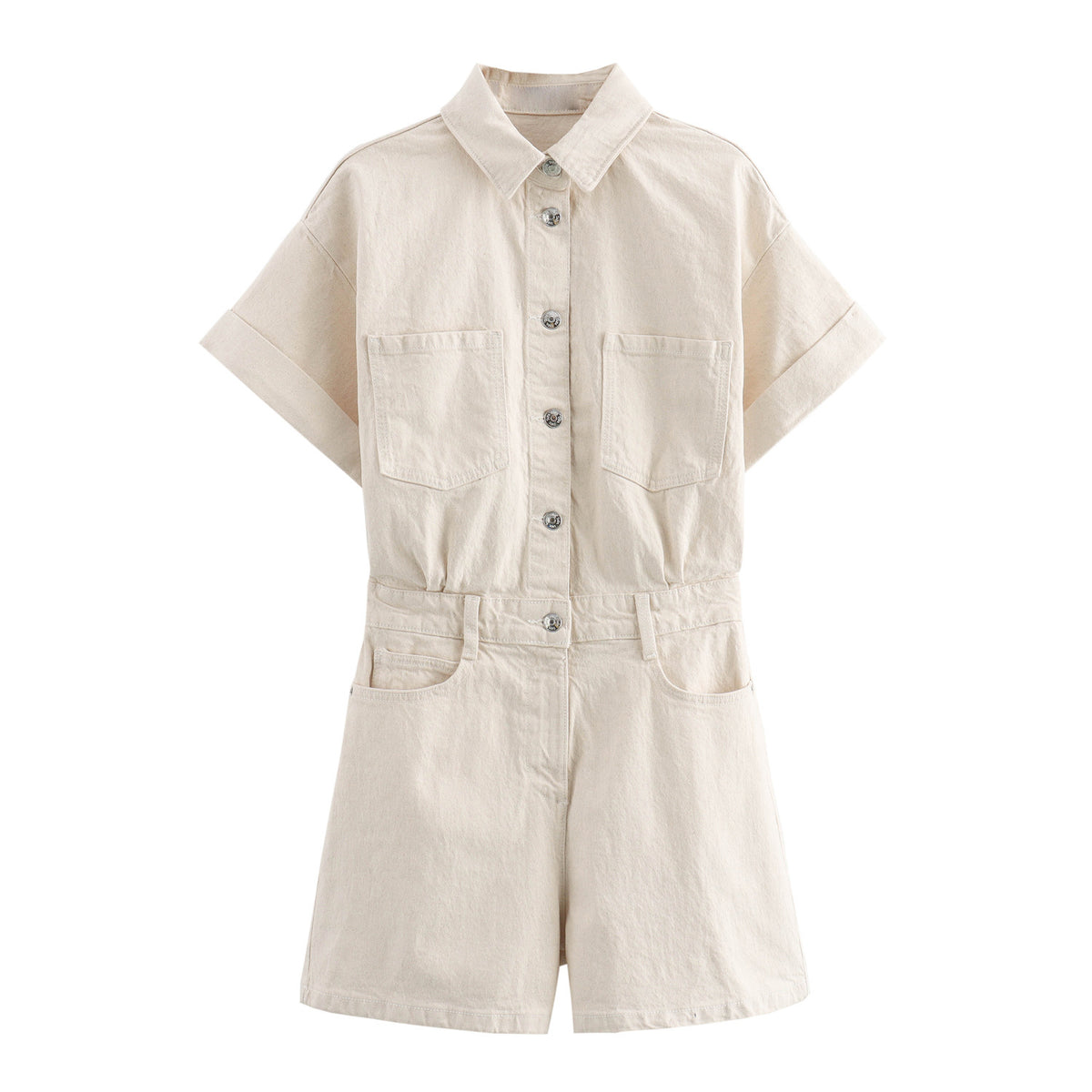 Lapel Multi-color Short Sleeve Denim Jumpsuit