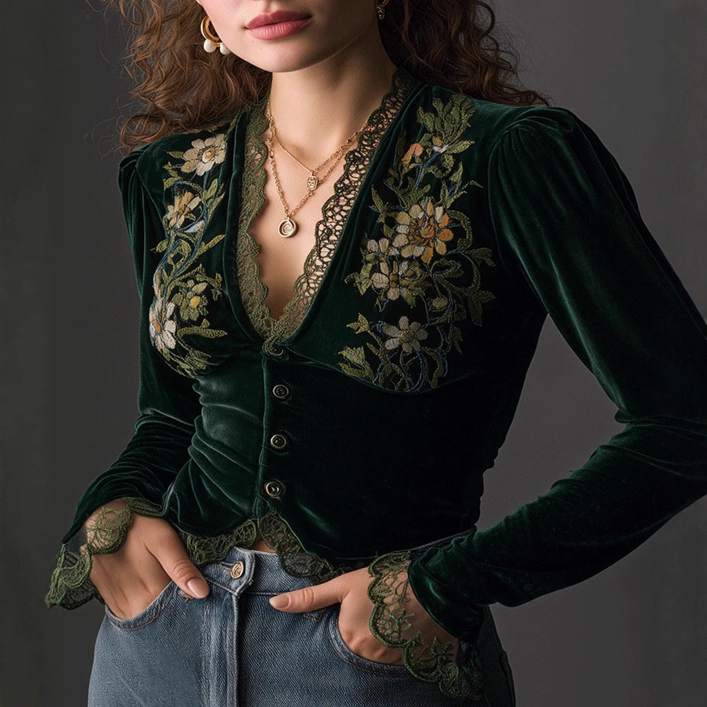 Womens V-neck Retro Black Velvet Shirt With Puffed Sleeves