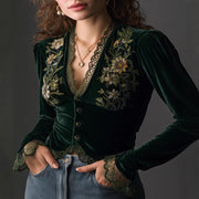 Womens V-neck Retro Black Velvet Shirt With Puffed Sleeves